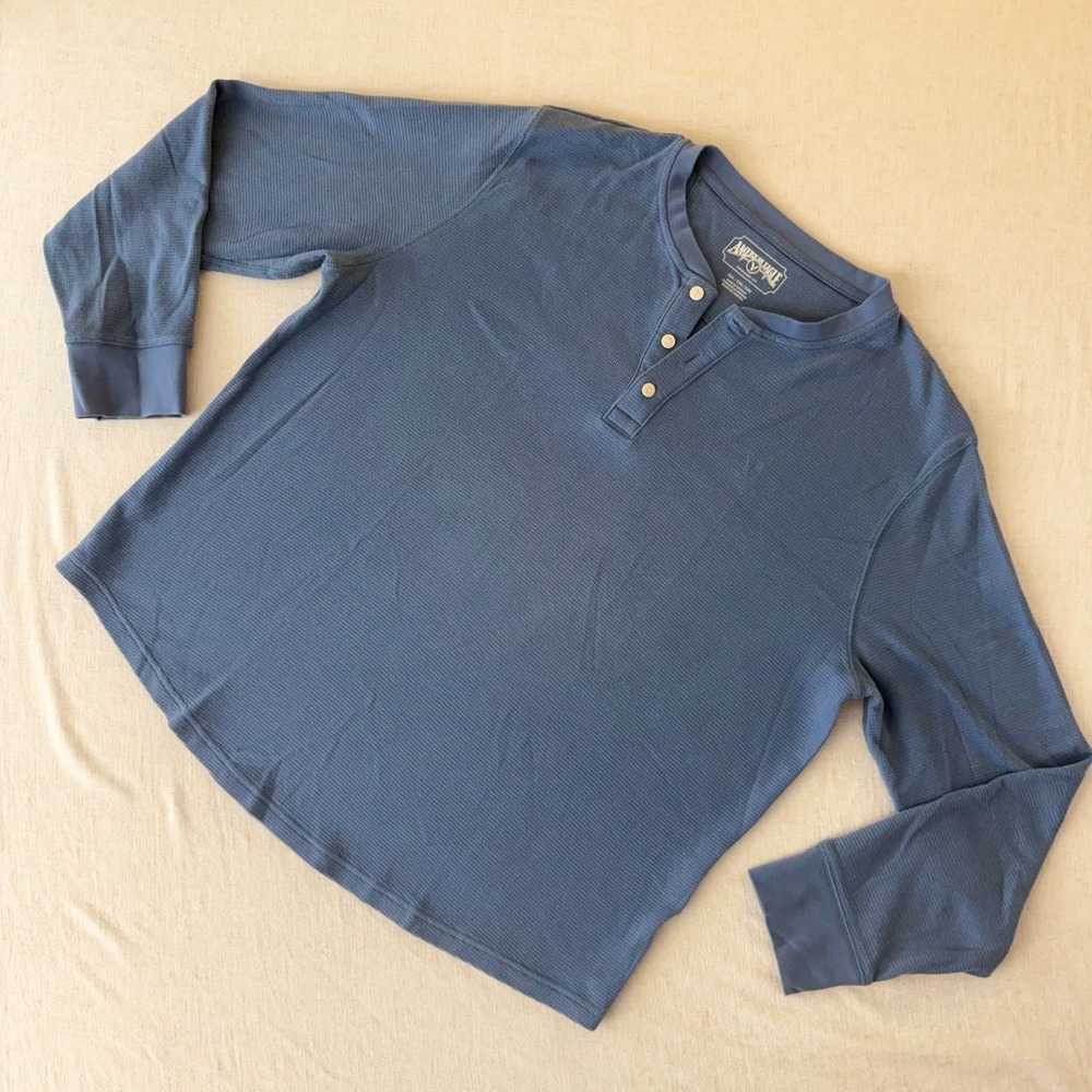American Eagle Mens XXL Blue Waffle Knit Long Sleeve Henley Shirt Casual Top